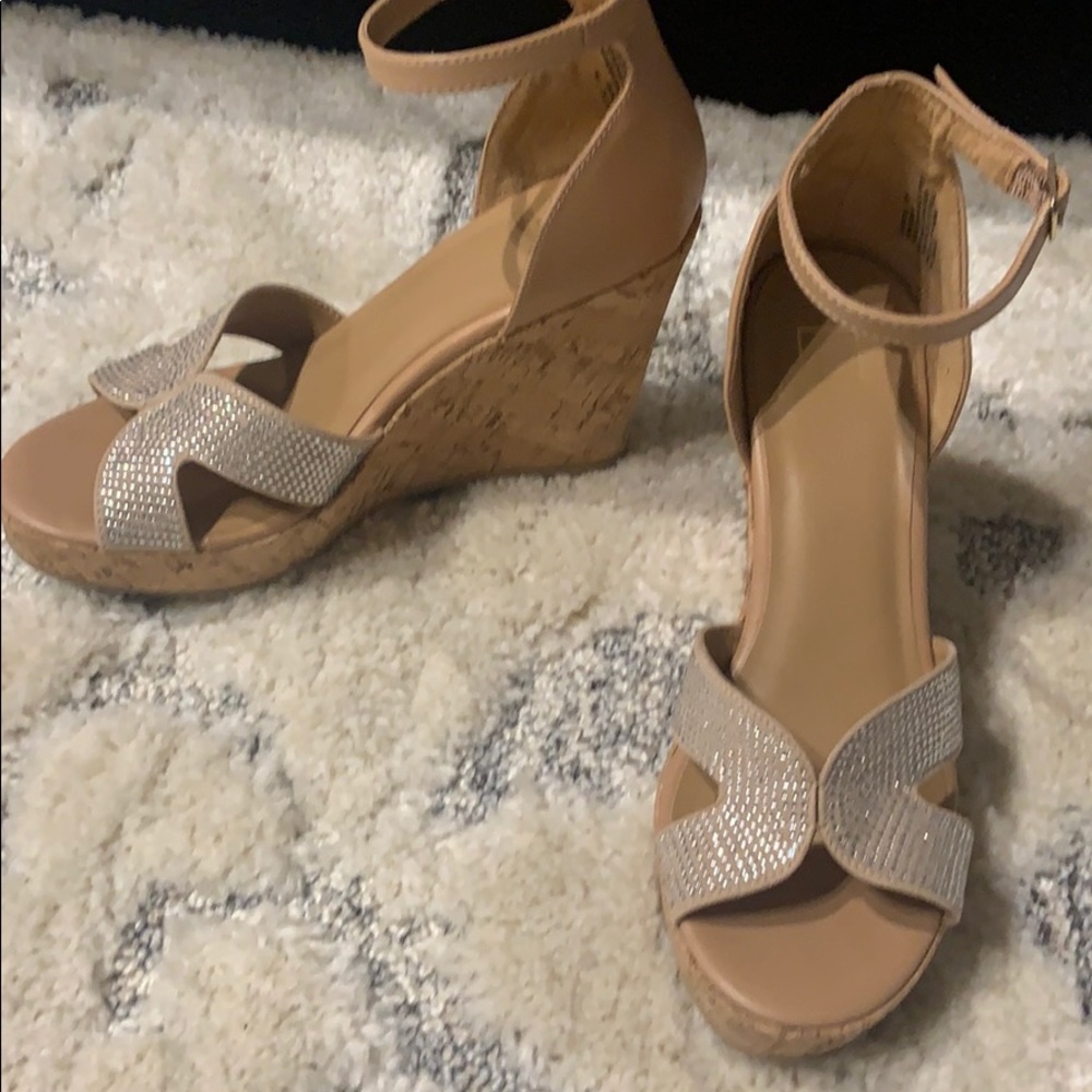 Tan Rhinestone Cork Wedge Sandals